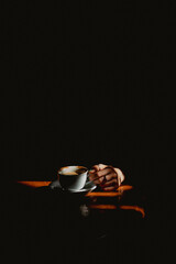 A coffee cup, standing on a wooden table, illuminated by warm summer sunlight, and a girl, sitting in a shadow, holding it. A concept of mystery, secrets, identity, and mystics. - 762757730