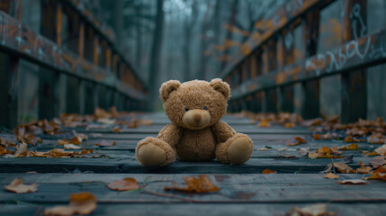 Lost Teddy bear with sad face lying on a bridge with blurry background, Lost toy or Loneliness...