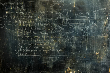 An abstract background featuring a chalkboard with complex mathematical equations written in chalk - obrazy, fototapety, plakaty