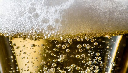 close up of champagne bubbles background with foam