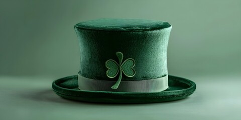 A St Patricks Day green hat with fourleaf clover against green. Concept St Patricks Day, Green Hat, Fourleaf Clover, Green Aesthetic, Festive Photoshoot