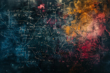 An abstract background featuring a chalkboard with complex mathematical equations written in chalk