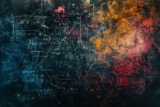 An abstract background featuring a chalkboard with complex mathematical equations written in chalk