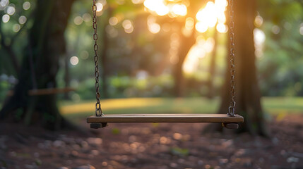 Loneliness concept, International missing Children day, 25 may, an empty swing in nature blurred background  - obrazy, fototapety, plakaty