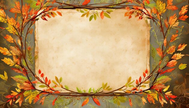background with copy space ancient parchment paper with a frame of ornaments of autumn branches and leaves autumn blank
