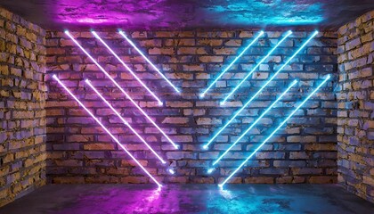 modern futuristic neon lights on old grunge brick wall room background 3d rendering