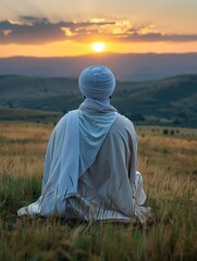Solitary Muslim in dawn prayer, soft sunrise glow, tranquil open field, wide angle - obrazy, fototapety, plakaty
