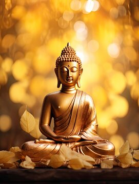 Makha Asanaha Visakha Bucha Day Golden Buddha image. Background of Bodhi leaves with shining light. Soft image and smooth focus style and copy space - generative ai