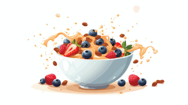 Breakfast cereal is poured into bowl. Image of heal