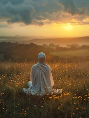 Solitary Muslim in dawn prayer, soft sunrise glow, tranquil open field, wide angle
