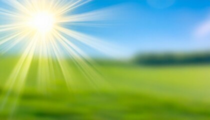 Fototapeta na wymiar sun shine on summer landscape banner empty background green field and blue sky blur nature template defocus abstract sunny day open air