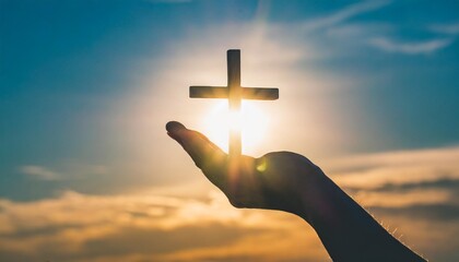 christian worship hand on light cross background