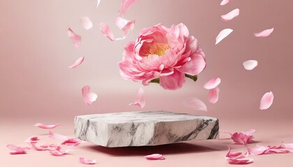 premium podium stone template falling nature splay pastel petals blossom 3d marble pink 3d background product flower render pedestal valentine beauty minimal presentation cosmetic peony