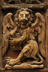 Wooden sculpture of the winged lion of St. Mark the Evangelist.