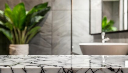 Fototapeta na wymiar empty marble table top with blurred bathroom interior background