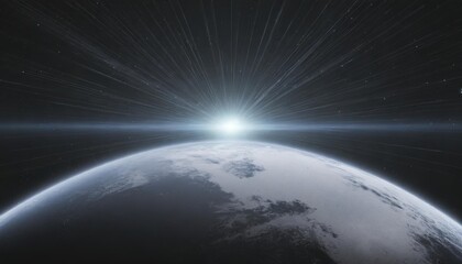 Fototapeta premium 3d rendering of earth from space with run rising and ray light flare at horizon among glowing stars in galaxy for wallpaper sci fi science or technology background
