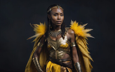 Ai generated portrait of a tribal African woman with a yellow dress isolated on a dark background