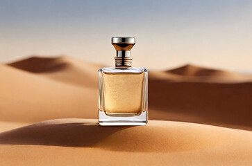 Perfume in a beige glass bottle stands in the sand against a background of desert sand dunes and blue sky. Mockup of a perfume bottle in the hot desert - obrazy, fototapety, plakaty