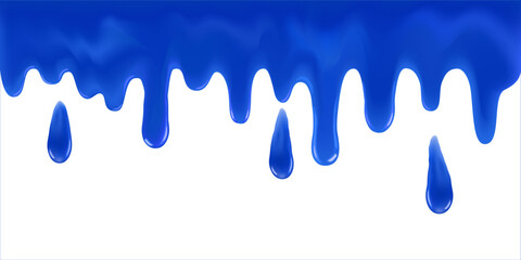 Flowing blue sticky liquid. Realistic blue slime drips and flowing. Colorful  caramel drops of sweet sauce isolated on white background.  Toffee flows melted horizontal splash. 3d realistic vector