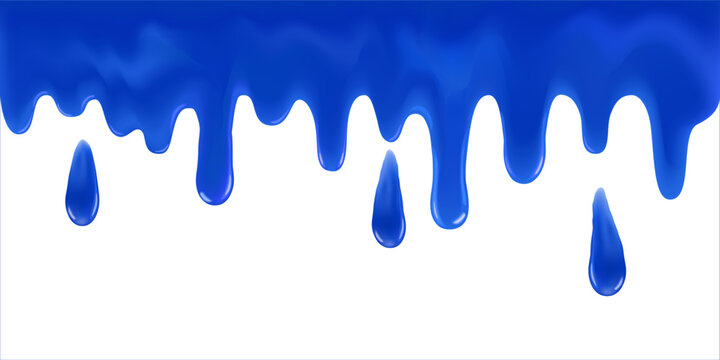 Flowing blue sticky liquid. Realistic blue slime drips and flowing. Colorful  caramel drops of sweet sauce isolated on white background.  Toffee flows melted horizontal splash. 3d realistic vector