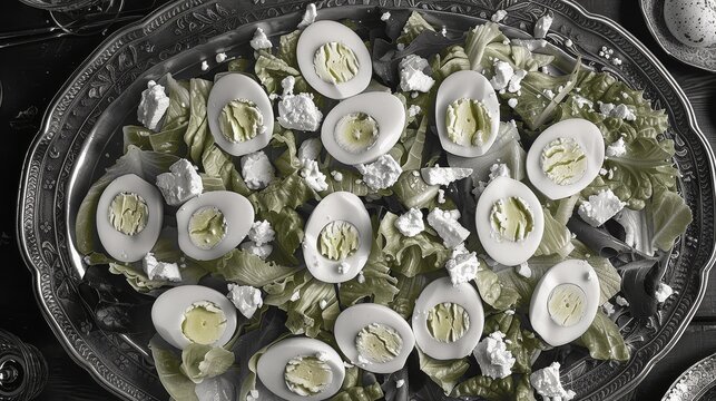 a platter of deviled eggs and lettuce on a bed of lettuce on a table.