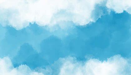 blue and white background of digital watercolor clouds on bright blue background abstract painted white smoke or haze in blotches and blobs on bright blue border - obrazy, fototapety, plakaty