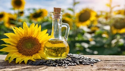 sunflower oil in bottle with seeds cooking oil background