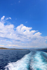 Ferry trail in the sea and dramatic sky. beautiful landscape in Dalmatia, Croatia.