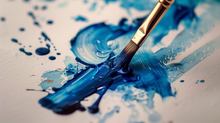 Paintbrush painting blue paint on a white painting background painting