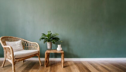 empty wall mock up in home interior on green background with rattan chair wooden table and decor in living room panorama 3d render - obrazy, fototapety, plakaty