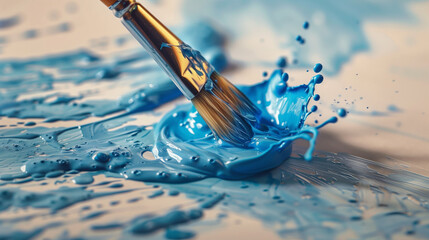 Paintbrush painting blue paint on a white painting background painting