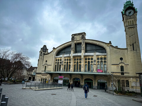 Rouen, France - 19.02.2024. Gare de Rouen or train station facade in Rouen, Normandy, France. The station opened its doors in 1847 when the Rouen&ndash;Le Havre section of the Paris&ndash;Le Havre railway opened 