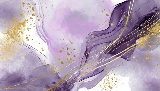 abstract pastel purple ink acrylic splashes background with fine golden elements lines