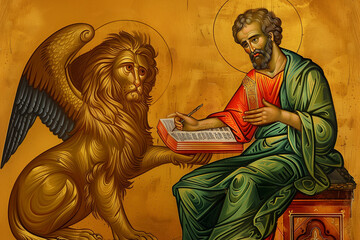 Saint John Mark the Evangelist, winged lion of St Mark. Christian icon.