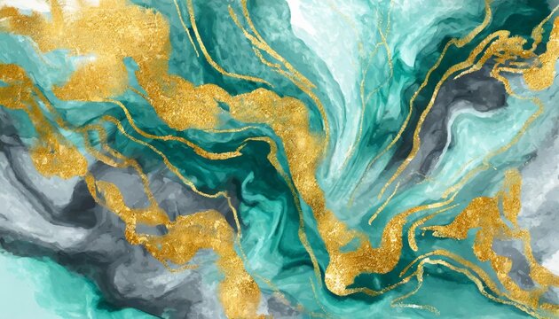 abstract watercolor background with flowing patterns of gold turquoise and gray resembling liquid art or marble texture