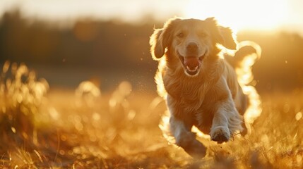 adorable running for exercise golden retriever dog in nature park. 