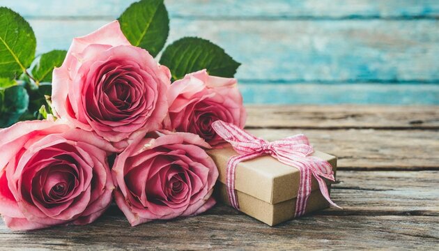 pink roses with gift box over weathered wooden planks for mothers day holiday concept background