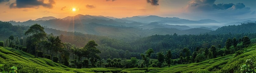 Rubber plantation landscape, rolling hills, sunset hues, panoramic view - obrazy, fototapety, plakaty