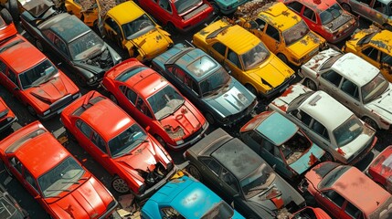 A bird's-eye view of abandoned multicolored old cars