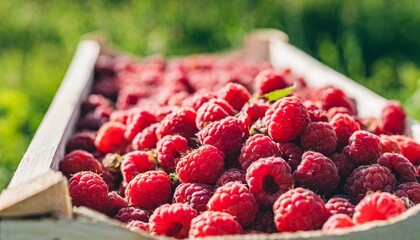 large box full of fresh picked red raspberries as a nature background - Powered by Adobe