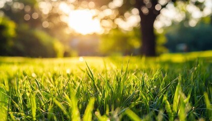 a warm summer sunset garden background of a green grass lawn and foliage with a blurred background