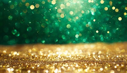 abstract green and gold shiny christmas background with glitter and confetti holiday bright emerald...
