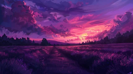 Poster Digital painting of an endless field under a purple sky, with purple clouds in the background, and lavender plants growing along both sides of the road leading to the horizon and sunset. © Mariia