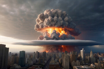 A nuclear bomb explosion in a city. The explosion of a nuclear bomb wave of smoke and ash covered a major city. Military action within the walls of a city - obrazy, fototapety, plakaty