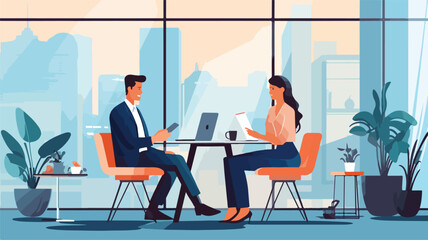 Business couple in the office scene Flat vector fla