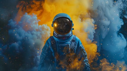 Astronaut in Space Suit Standing in Front of Yellow and Blue Smoke - obrazy, fototapety, plakaty
