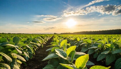 agricultural soy plantation on field with sunset background