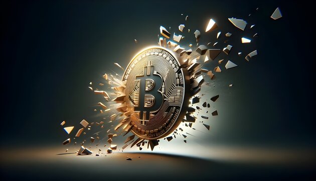 A Bitcoin symbol coin shattering into pieces with a dramatic explosion of fragments against a dark, gradient background.


