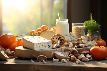 Different types of cheese on wooden table, closeup. Dairy products
