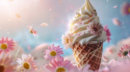 Ice Cream Cone With Daisies in a Daisy Field